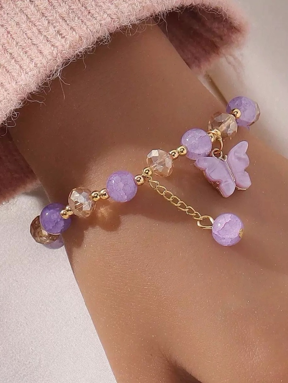 Gold Butterfly Charm Bracelet - Lavender Beaded Women’s Bracelet